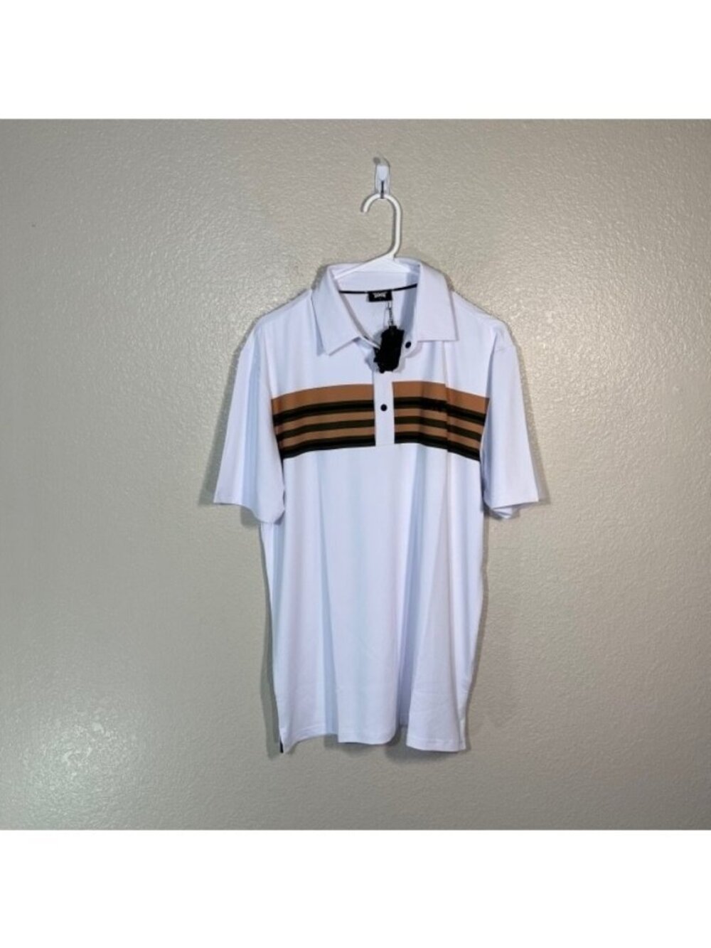 PXG Golf Polo Mens Small Shirt Snao Button White Brown Stripe Stretch NEW